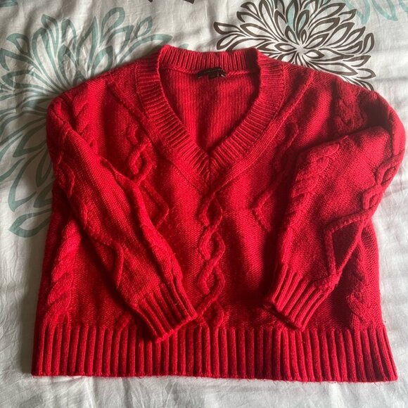 Red Cable Knit V-Neck Woman’s Sweater - Picture 4 of 4